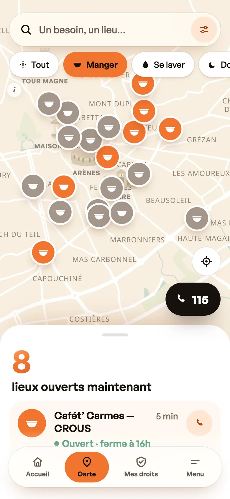 La carte de Mano filtrée sur « Manger » : les lieux ouverts maintenant