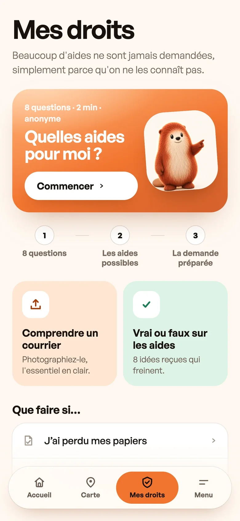 L'écran Mes droits : quelles aides pour moi, comprendre un courrier, idées reçues