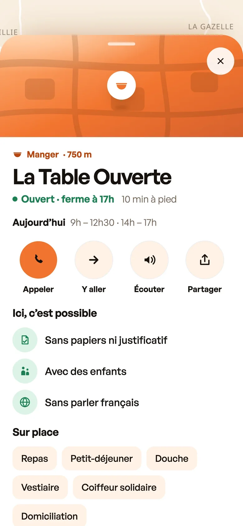 La fiche d'un lieu dans Mano : ouvert, à quelle distance, ce qui est possible sans papiers ni justificatif